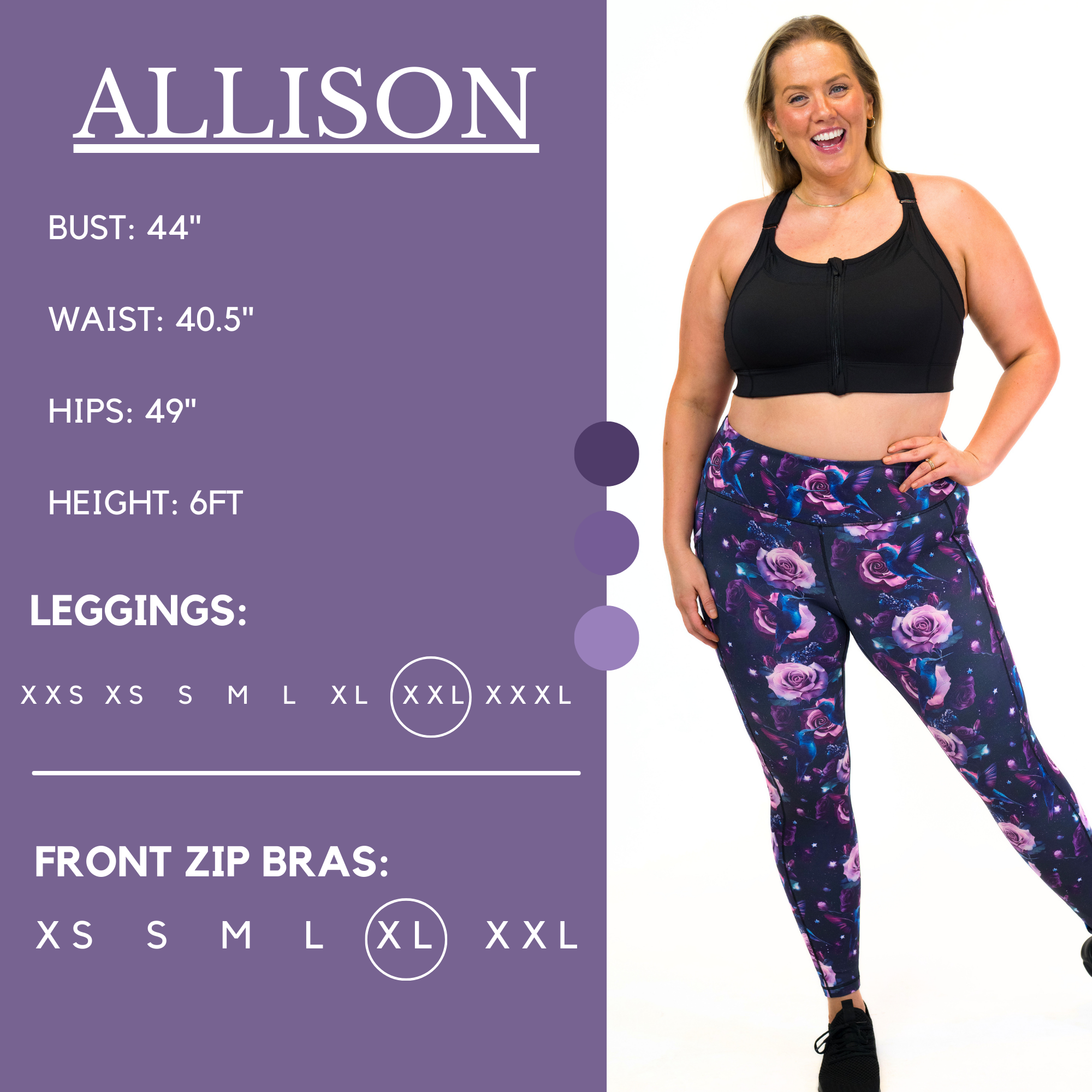 Model's measurements of 44 inch bust, 40.5 inch waist, 49 inch hips, and height of 6 foot. She is wearing a size xx-large in our leggings