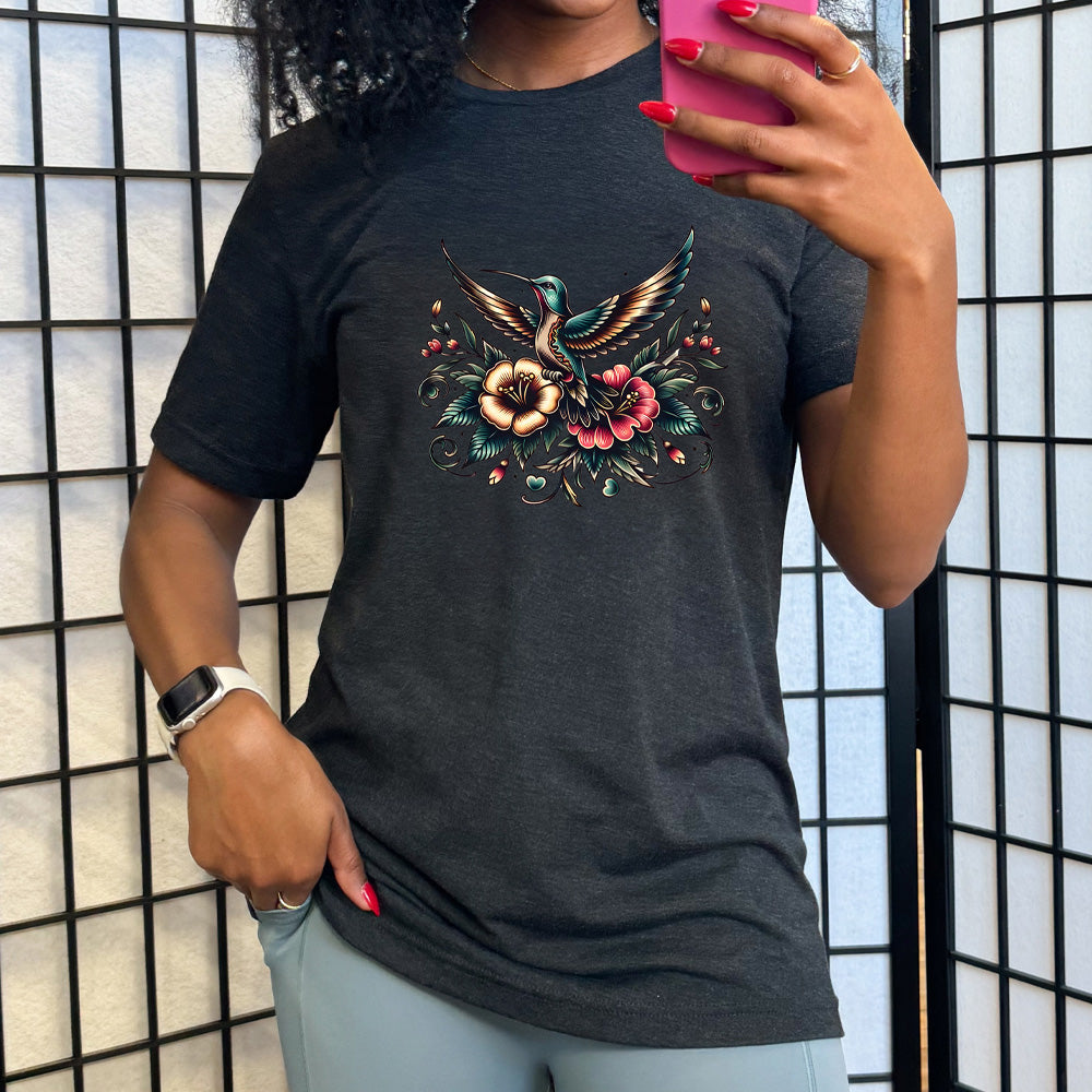 black shirt with a hummingbird graphic on it