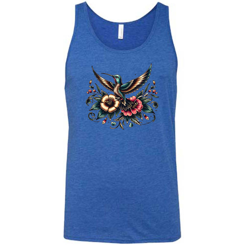 blue shirt with a hummingbird graphic on it