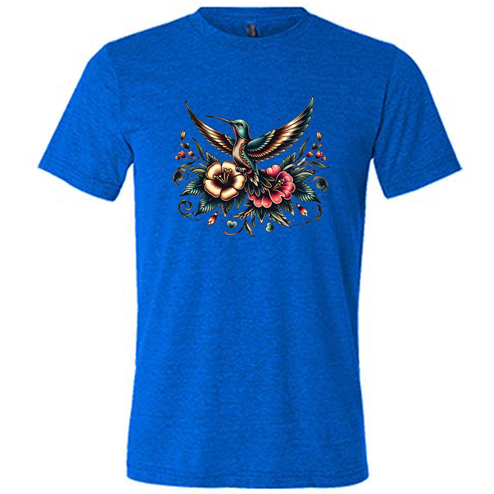 blue shirt with a hummingbird graphic on it