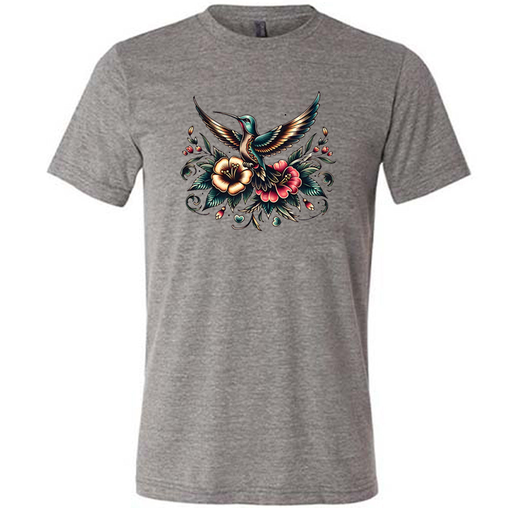 grey shirt with a hummingbird graphic on it