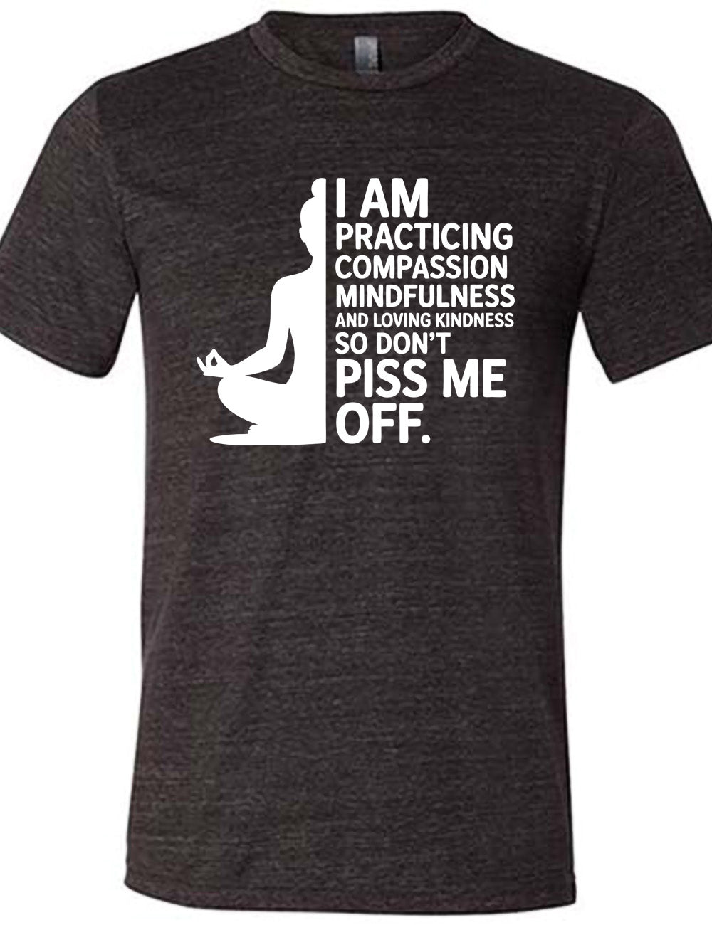 black unisex tee with the graphic of a woman's silhouette (only one half of it) next to the words saying "I am practicing compassion mindfulness and loving kindness so don't piss me off."