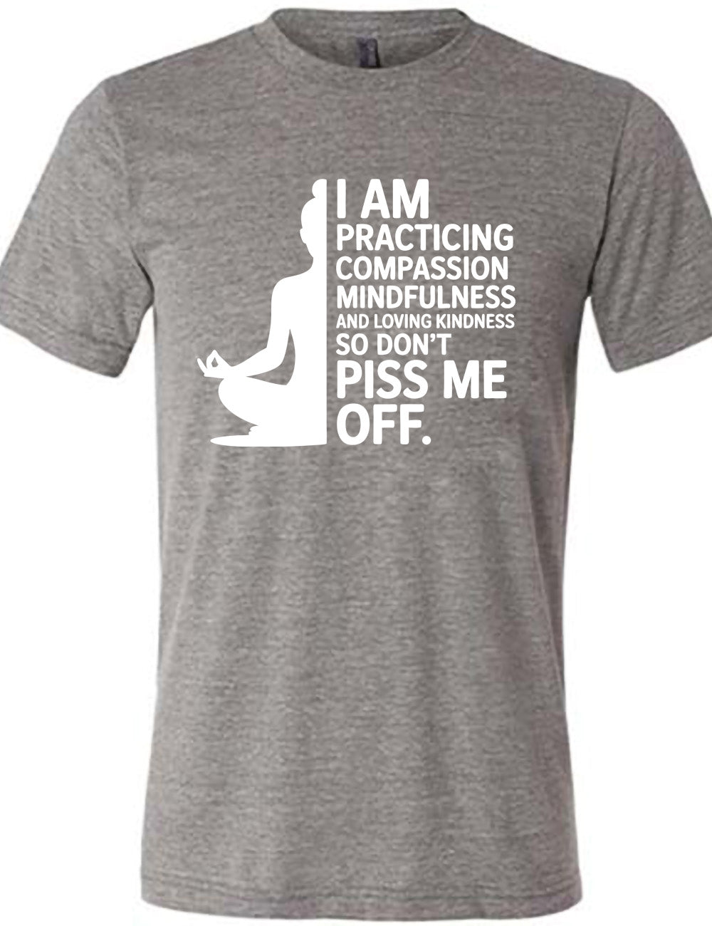 grey unisex tee with the graphic of a woman's silhouette (only one half of it) next to the words saying "I am practicing compassion mindfulness and loving kindness so don't piss me off."