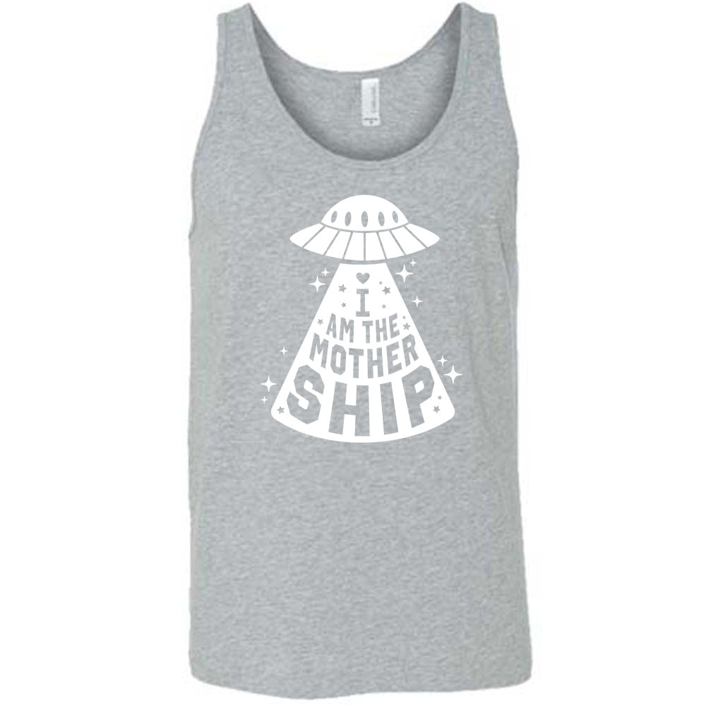 grey unisex tank with the words "I am the mothership" on it within the beam of a UFO, with a heart above the words, and a number of stars scattered around