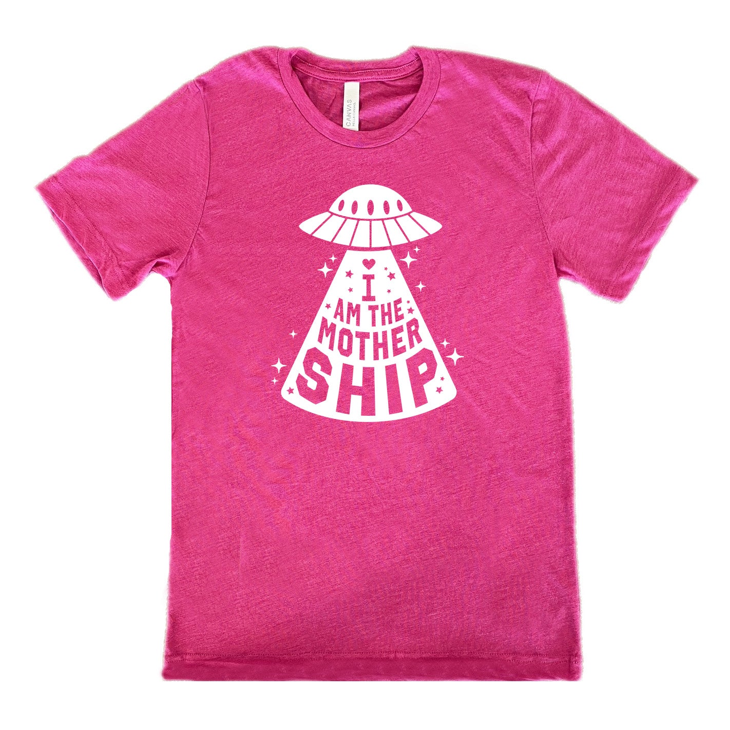 berry unisex tee with the words "I am the mothership" on it within the beam of a UFO, with a heart above the words, and a number of stars scattered around