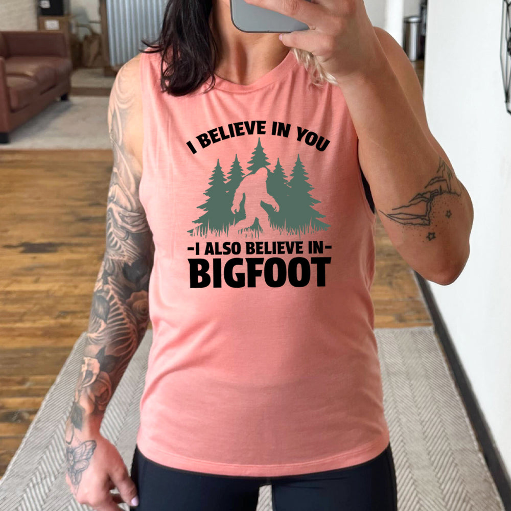 peach shirt with the text "I Believe In You I Also Believe In Bigfoot" on it