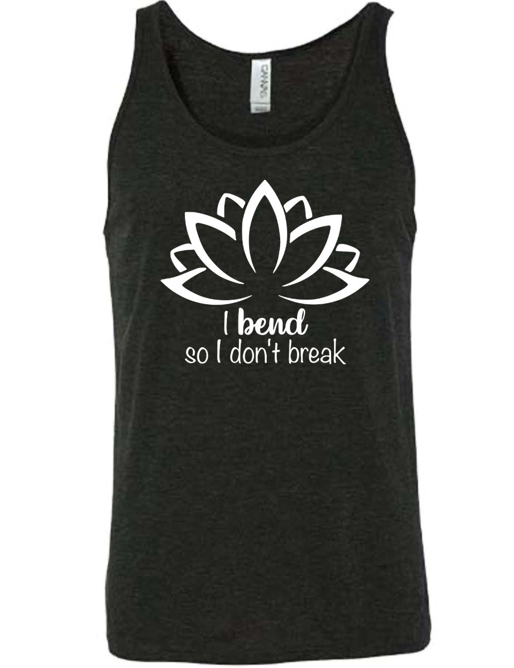 black unisex tank with the graphic silhouette of a lotus and the words underneath saying "I bend so I don't break"