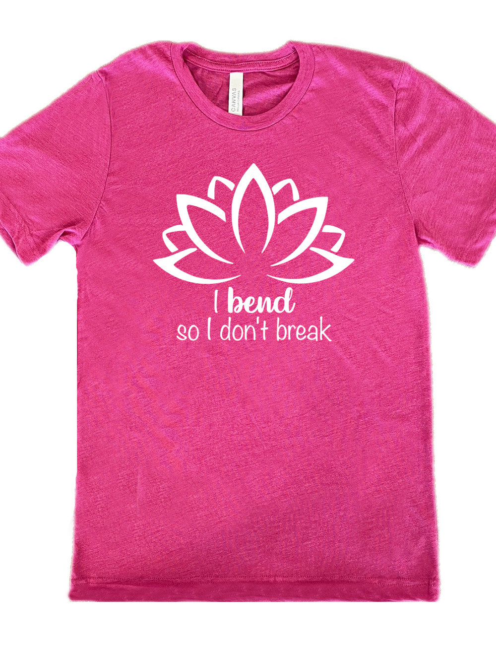 berry unisex tee with the graphic silhouette of a lotus and the words underneath saying "I bend so I don't break"