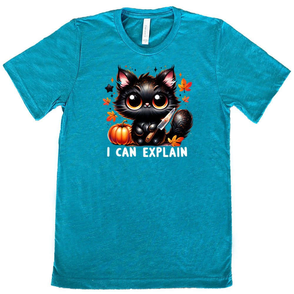 teal shirt with the text "I Can Explain" and a kitten with a knife graphic on it
