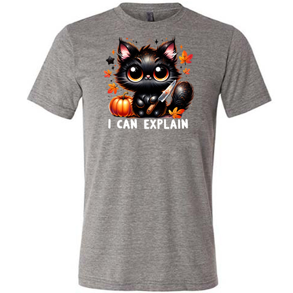 grey shirt with the text "I Can Explain" and a kitten with a knife graphic on it