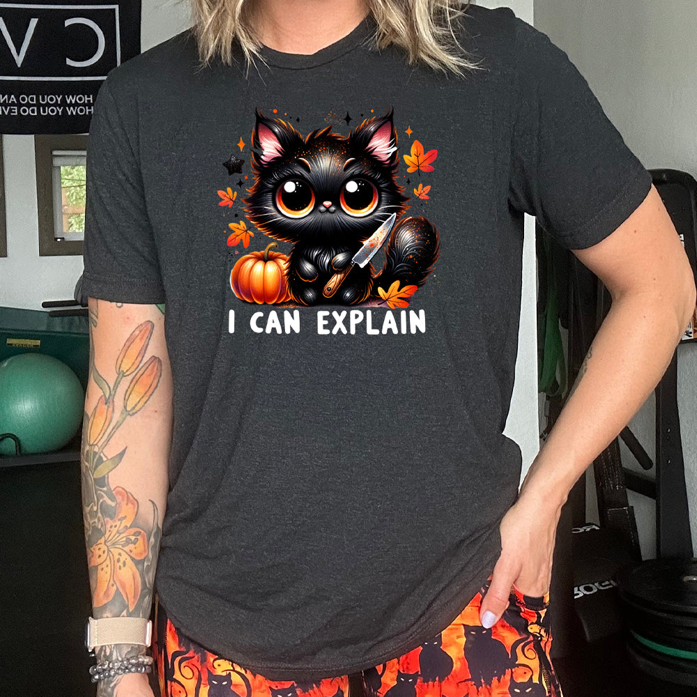 black shirt with the text "I Can Explain" and a kitten with a knife graphic on it