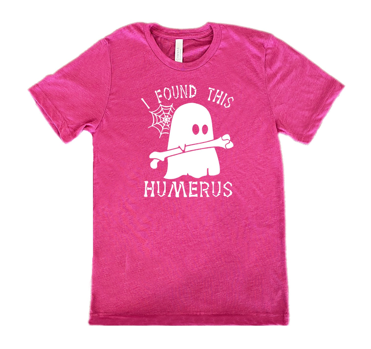 Berry colored shirt with ghost holding a bone graphic on it that says "I Found This Humerus"