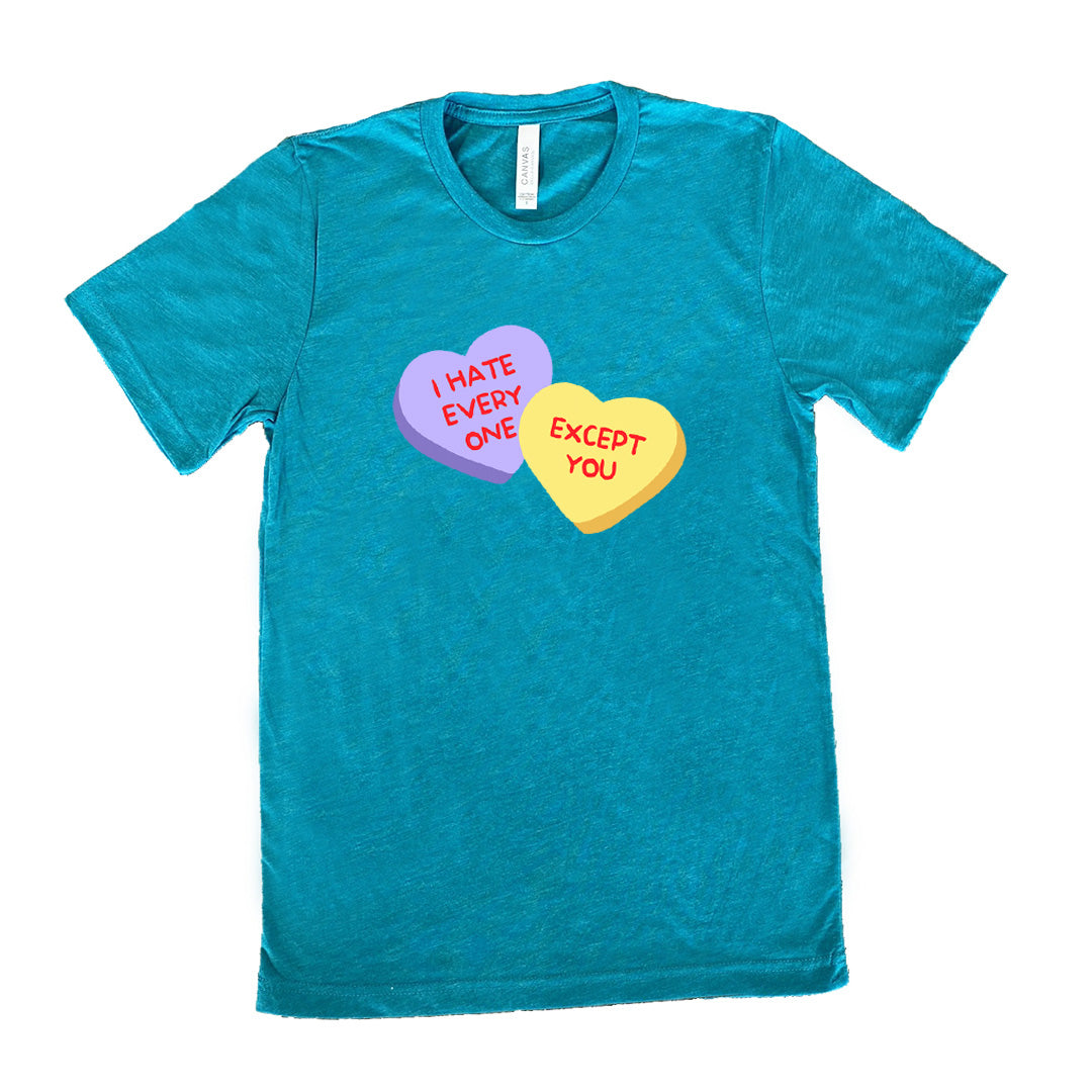 teal shirt with the text "I Hate Everyone Except You" on it