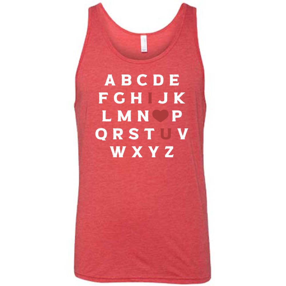 red unisex tank with the alphabet on it in white lettering, but with the "I" in deeper red, the "O" turned into a deeper red heart, and "U" in deeper red
