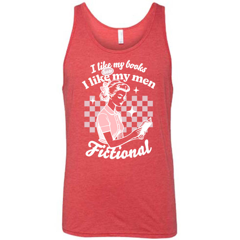 Red unisex tank, wording that says I Like My Books How I Like My Men, Fictional, woman reading a book with checkered background