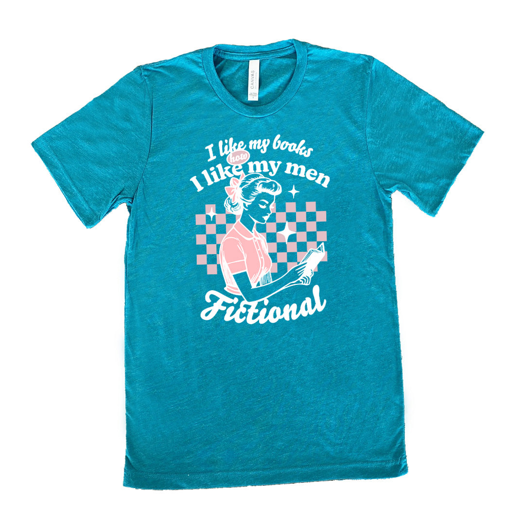 Teal unisex tee, wording that says I Like My Books How I Like My Men, Fictional, woman reading a book with checkered background