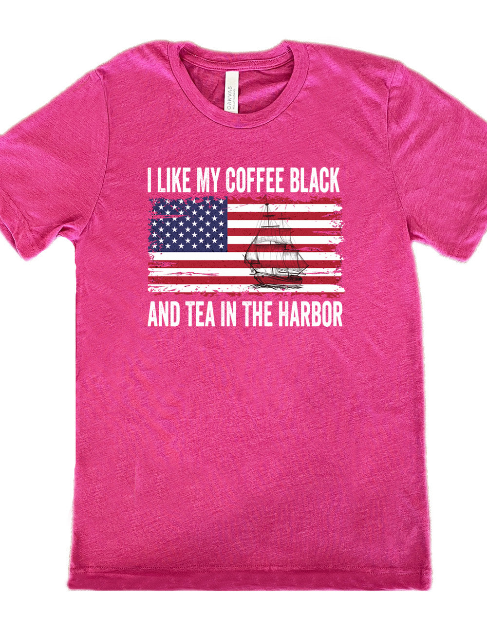 berry unisex tee with the words "I like my coffee black and tea in the harbor" on it, with a graphic in the center of an American Flag, and the sketch of a masted ship on it