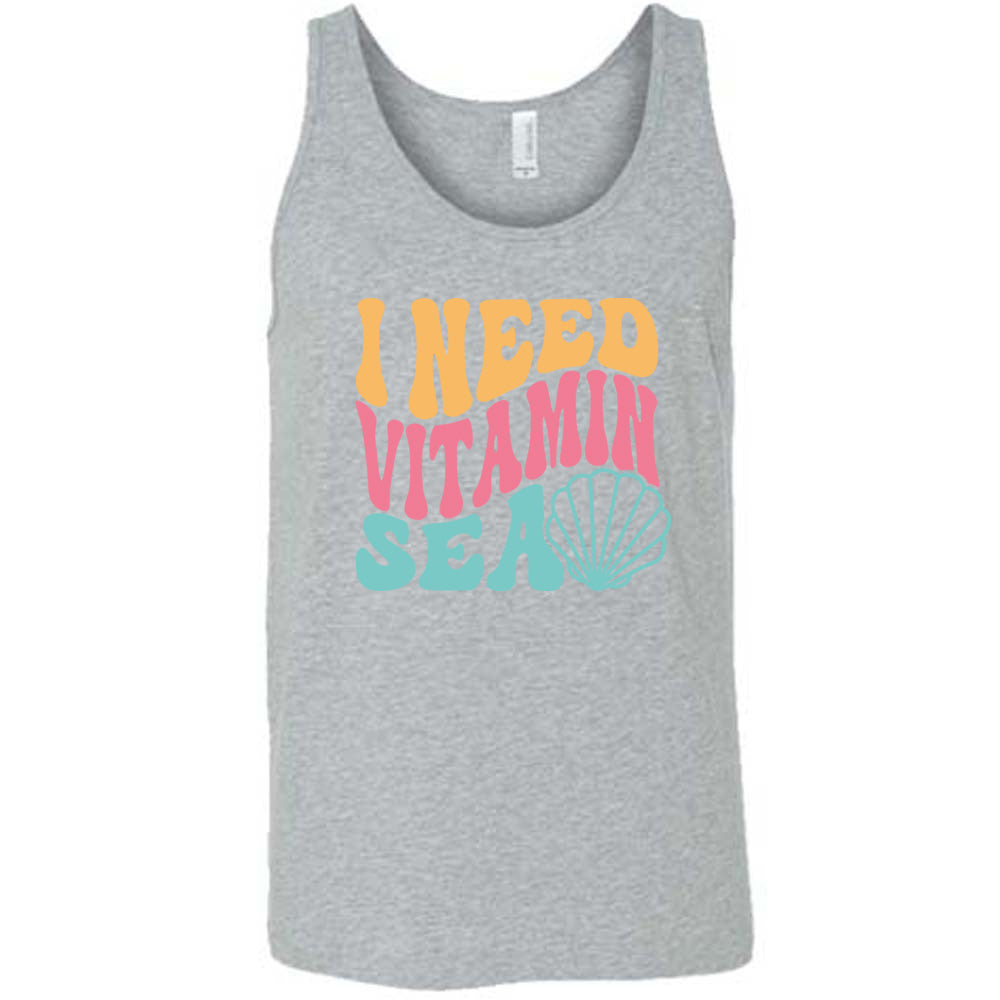 Grey colored tank with a shell graphic on it that says "I Need Vitamin Sea"