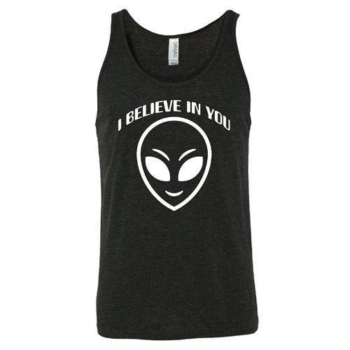 black unisex shirt with a "I believe in you" quote and alien head design on it
