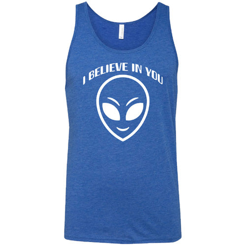 blue unisex shirt with a "I believe in you" quote and alien head design on it