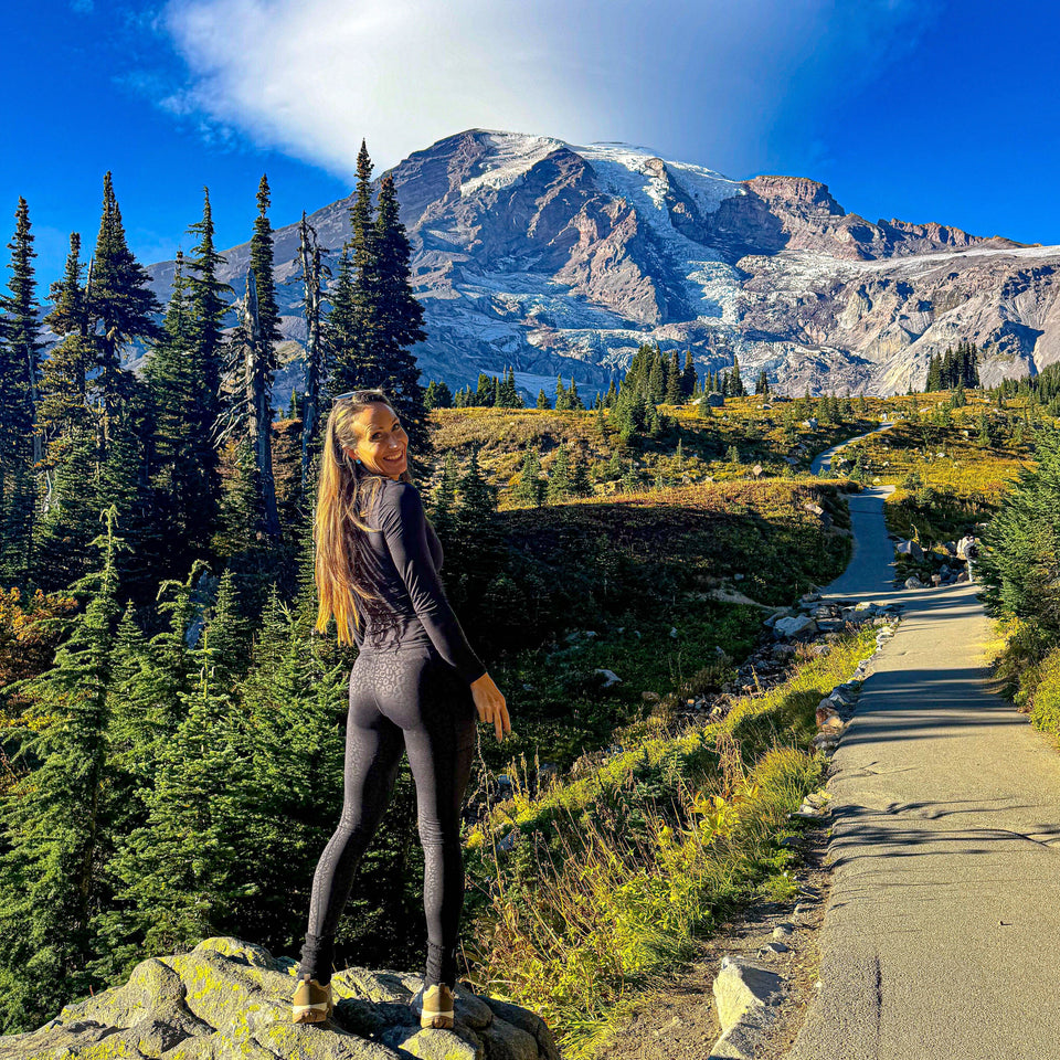 Person standing on a mountain path with a snow-capped mountain in the background
