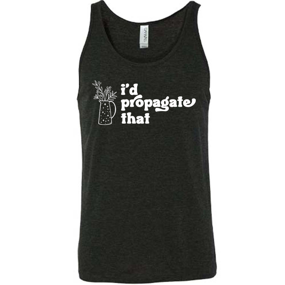 Black colored tank with a pitcher of plants graphic on it that says "I'd Propagate That"