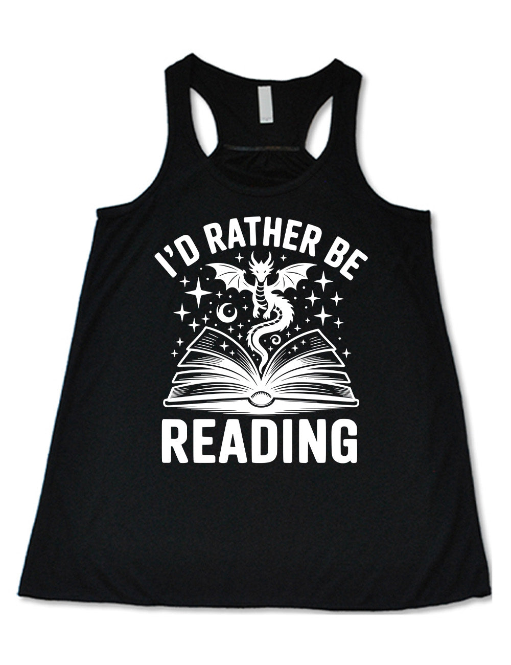 black flowy racerback tank with the words "I'd rather be reading" around the graphic of a dragon, hovering out of an open book, with stars all about