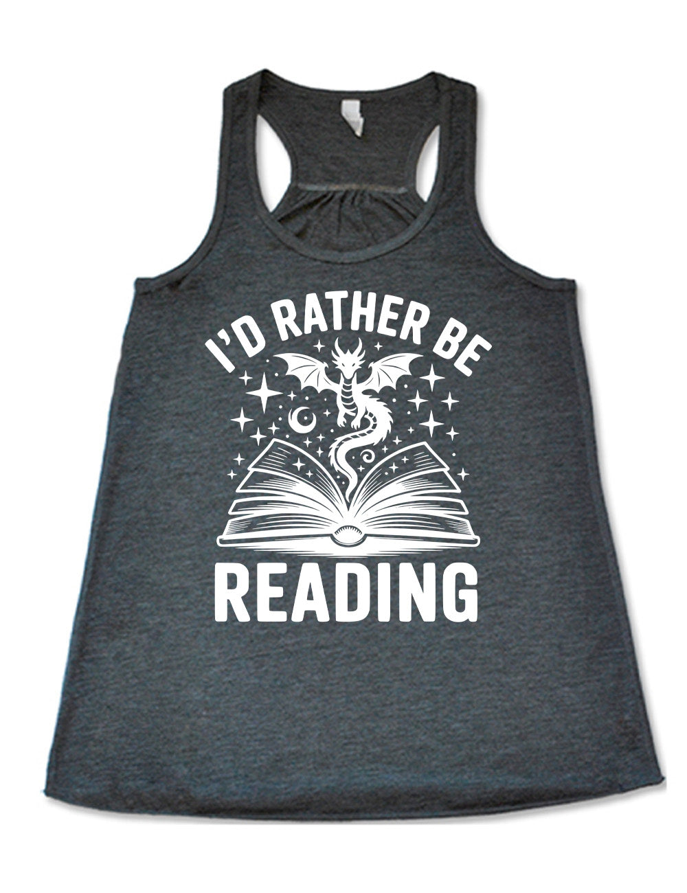 grey flowy racerback tank with the words "I'd rather be reading" around the graphic of a dragon, hovering out of an open book, with stars all about