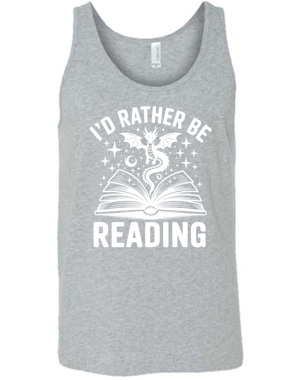 grey unisex tank with the words "I'd rather be reading" around the graphic of a dragon, hovering out of an open book, with stars all about