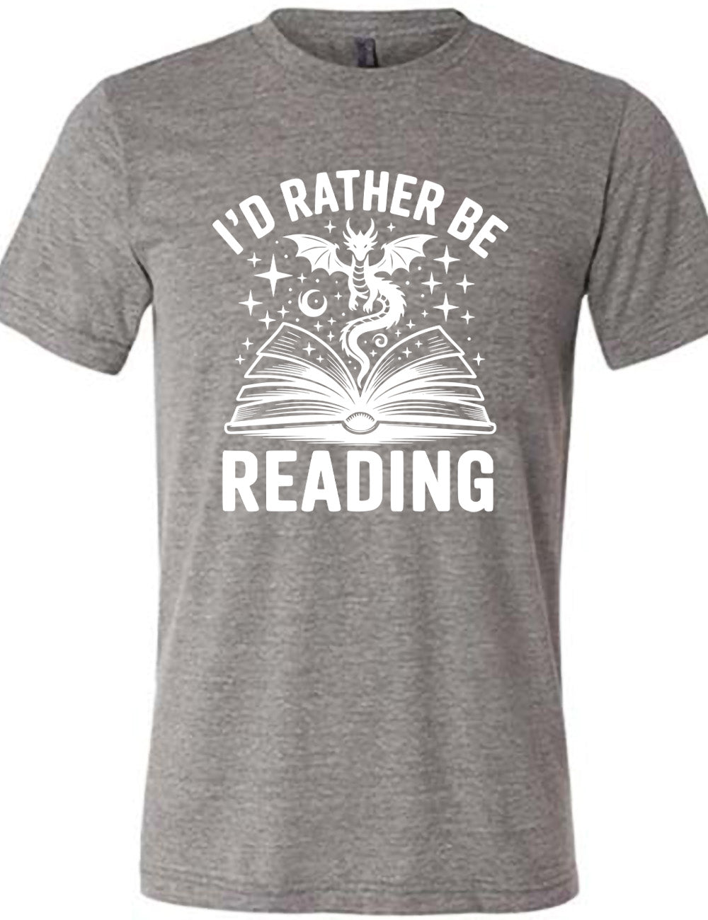 grey unisex tee with the words "I'd rather be reading" around the graphic of a dragon, hovering out of an open book, with stars all about