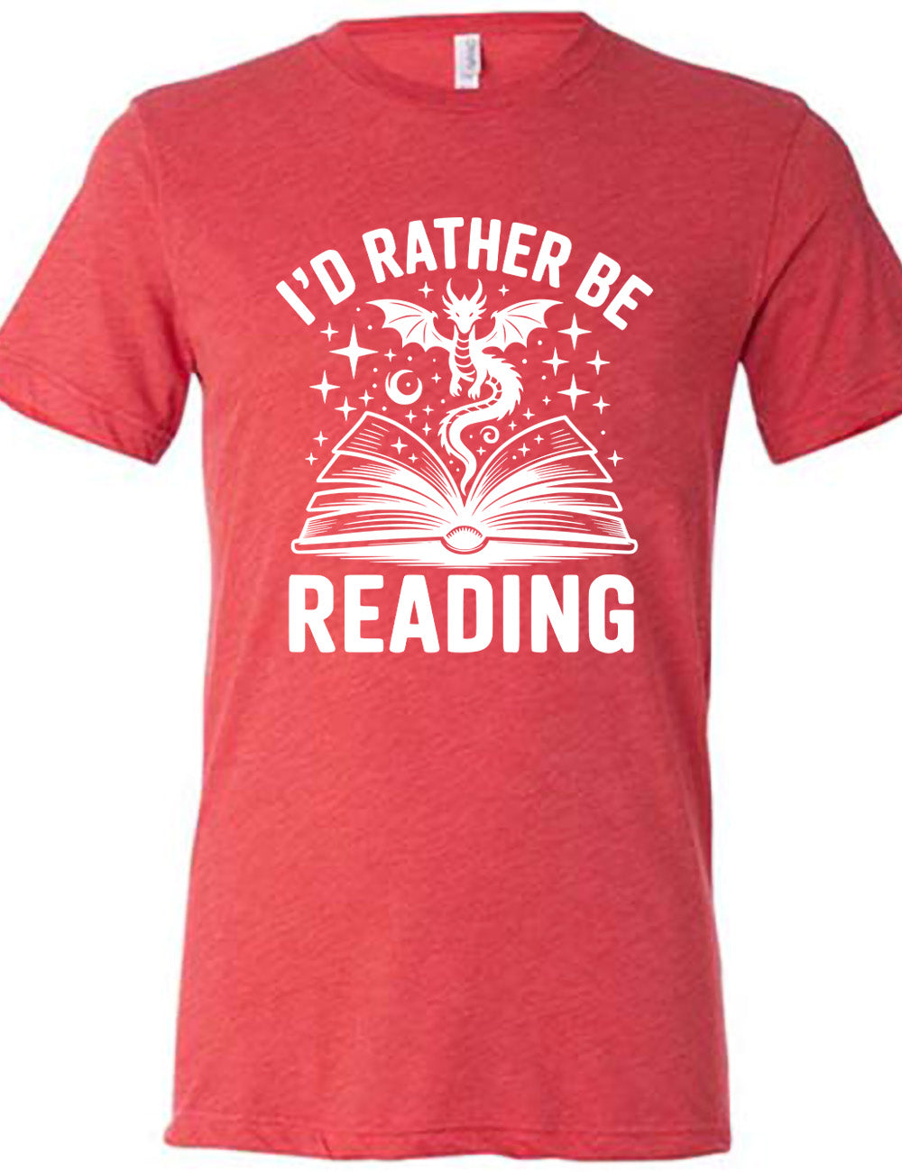 red unisex tee with the words "I'd rather be reading" around the graphic of a dragon, hovering out of an open book, with stars all about