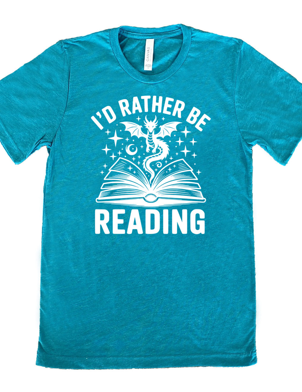 teal unisex tee with the words "I'd rather be reading" around the graphic of a dragon, hovering out of an open book, with stars all about