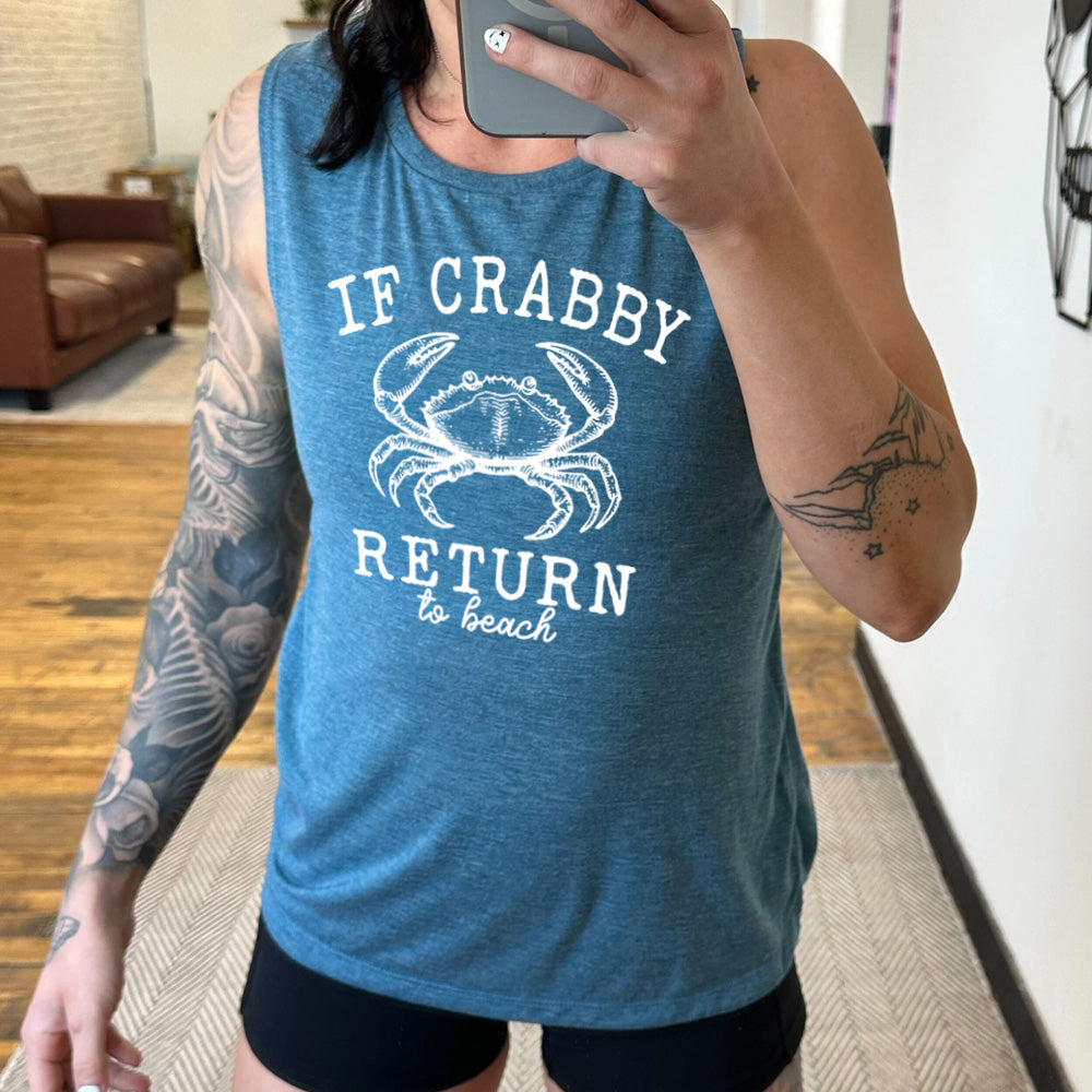 deep teal muscle tank with a crab graphic on it that says "If Crabby Return to Beach"