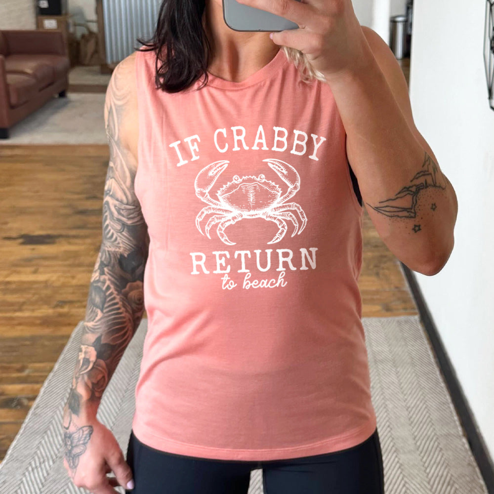 peach muscle tank with a crab graphic on it that says "If Crabby Return to Beach"