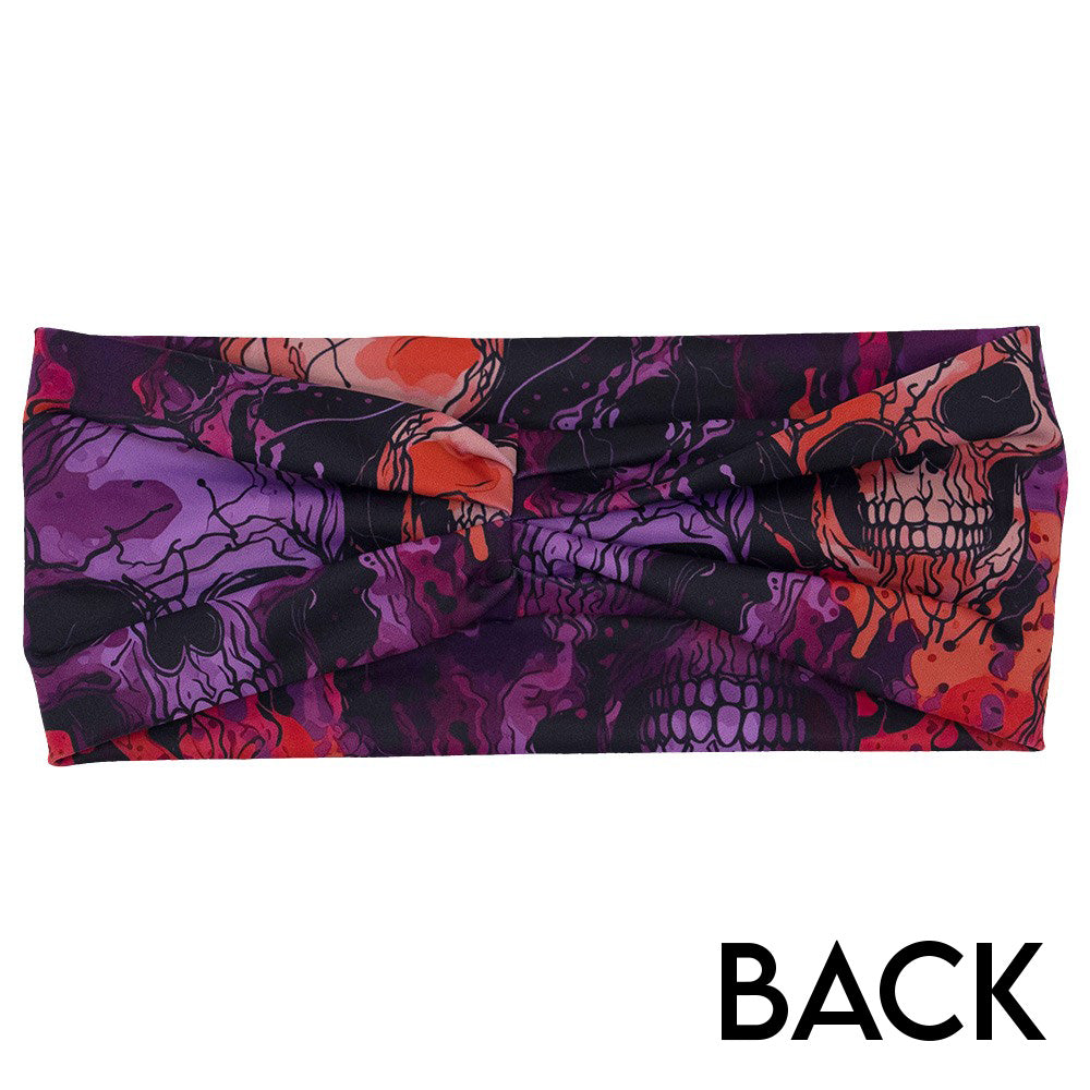 back of the purple and orange skull patterned headband