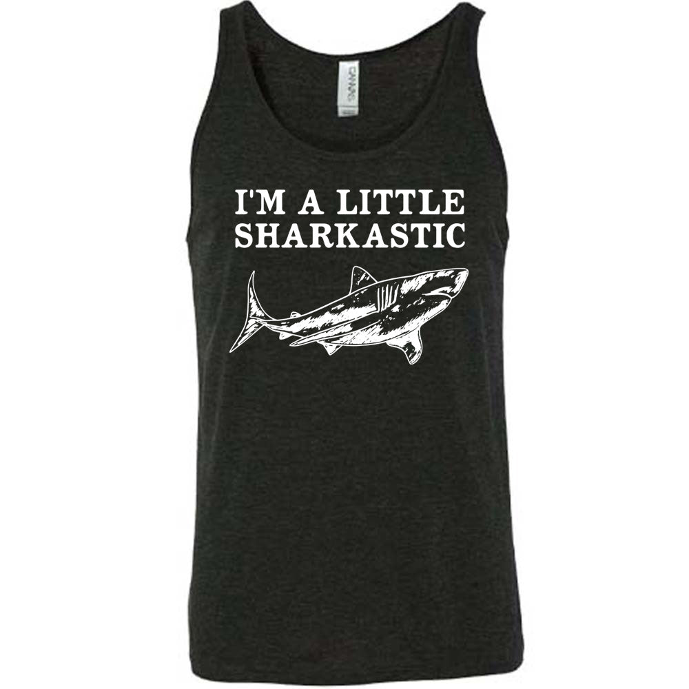 black unisex tank with the words "I'm a little sharkastic" on it, over the graphic of a shark