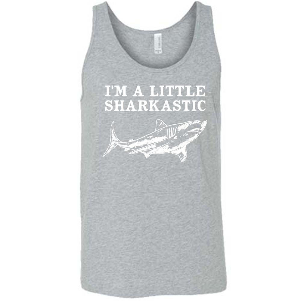 grey unisex tank with the words "I'm a little sharkastic" on it, over the graphic of a shark