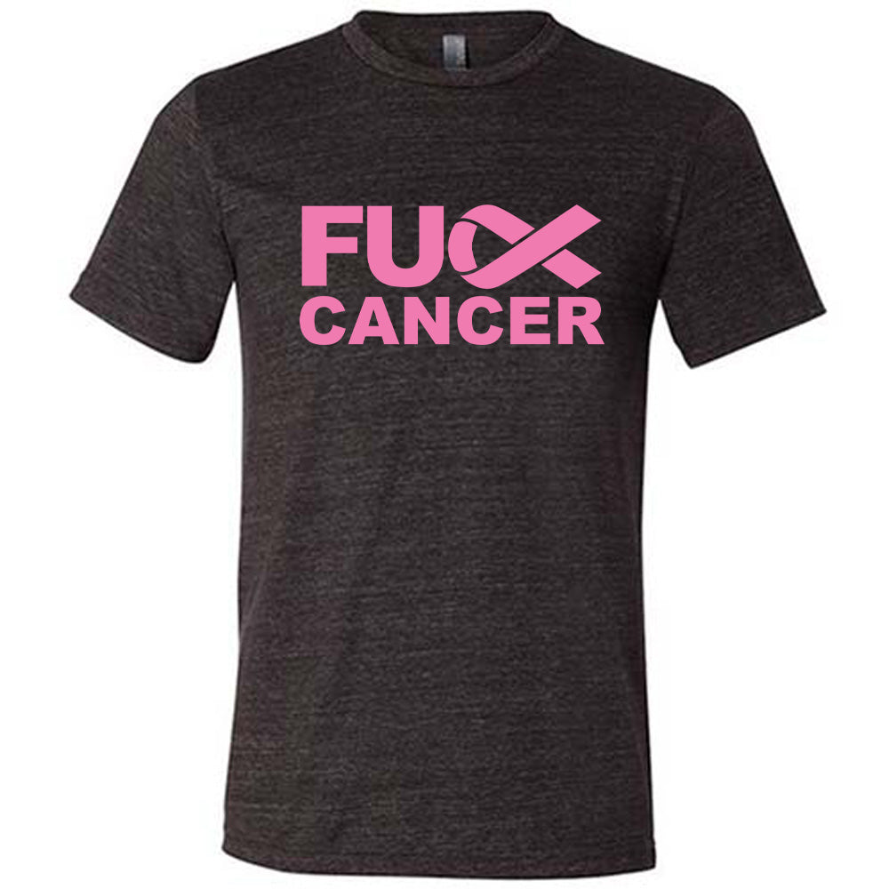 Black t-shirt with pink 'FU CANCER' text on a white background