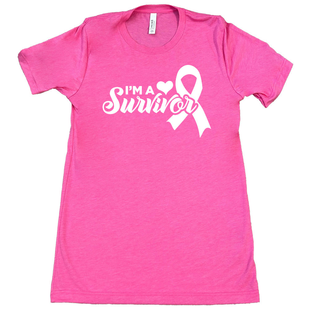 pink t-shirt with 'I'm a Survivor' text and pink ribbon design on a white background