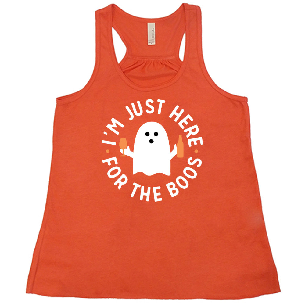 Coral colored flowy tank with ghost holding wine glass and bottle graphic on it that says "I'm Just Here For The Boos"