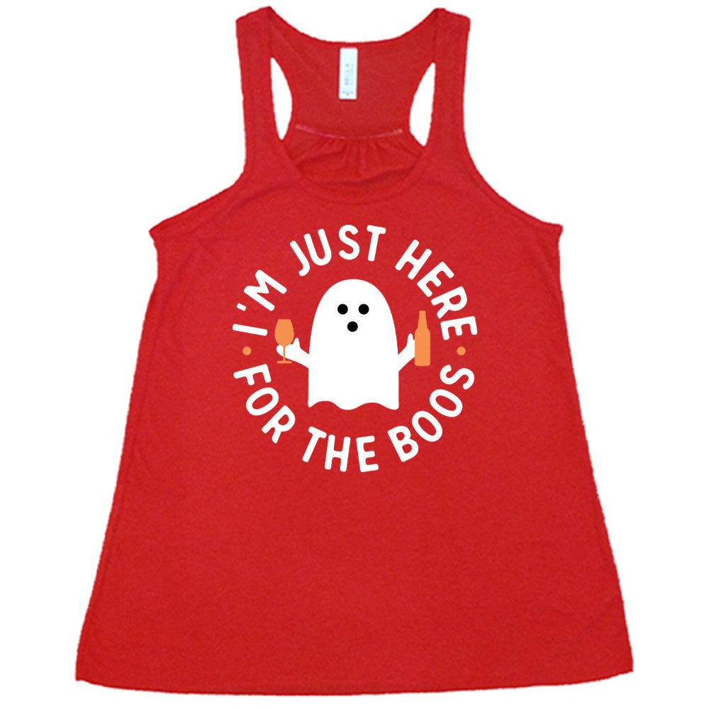 Red colored flowy tank with ghost holding wine glass and bottle graphic on it that says "I'm Just Here For The Boos"