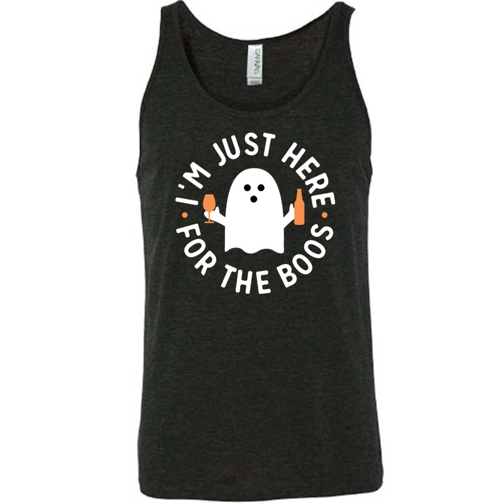 Black colored tank with ghost holding wine glass and bottle graphic on it that says "I'm Just Here For The Boos"