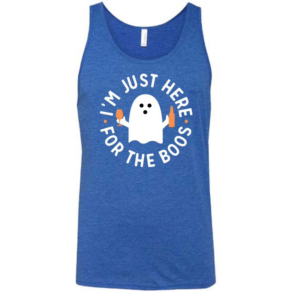 Blue colored tank with ghost holding wine glass and bottle graphic on it that says "I'm Just Here For The Boos"