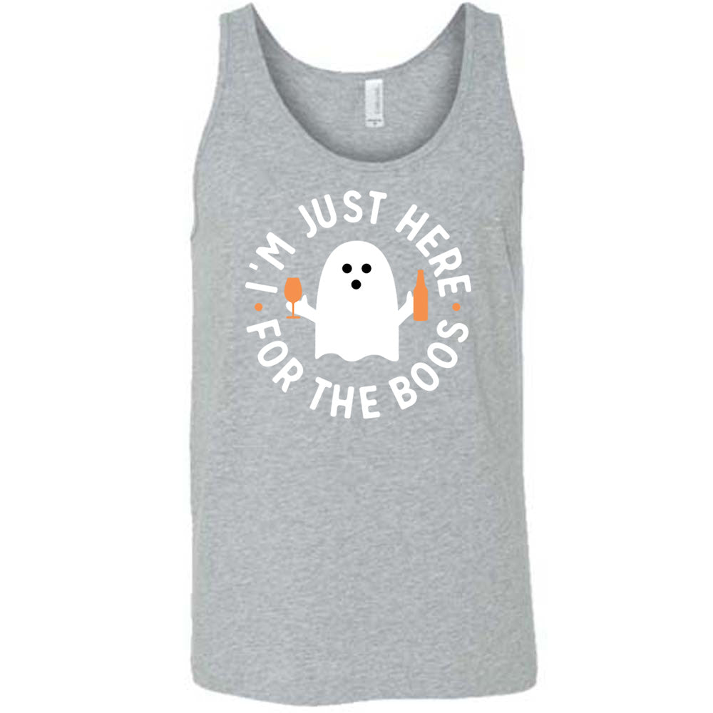 Grey colored tank with ghost holding wine glass and bottle graphic on it that says "I'm Just Here For The Boos"