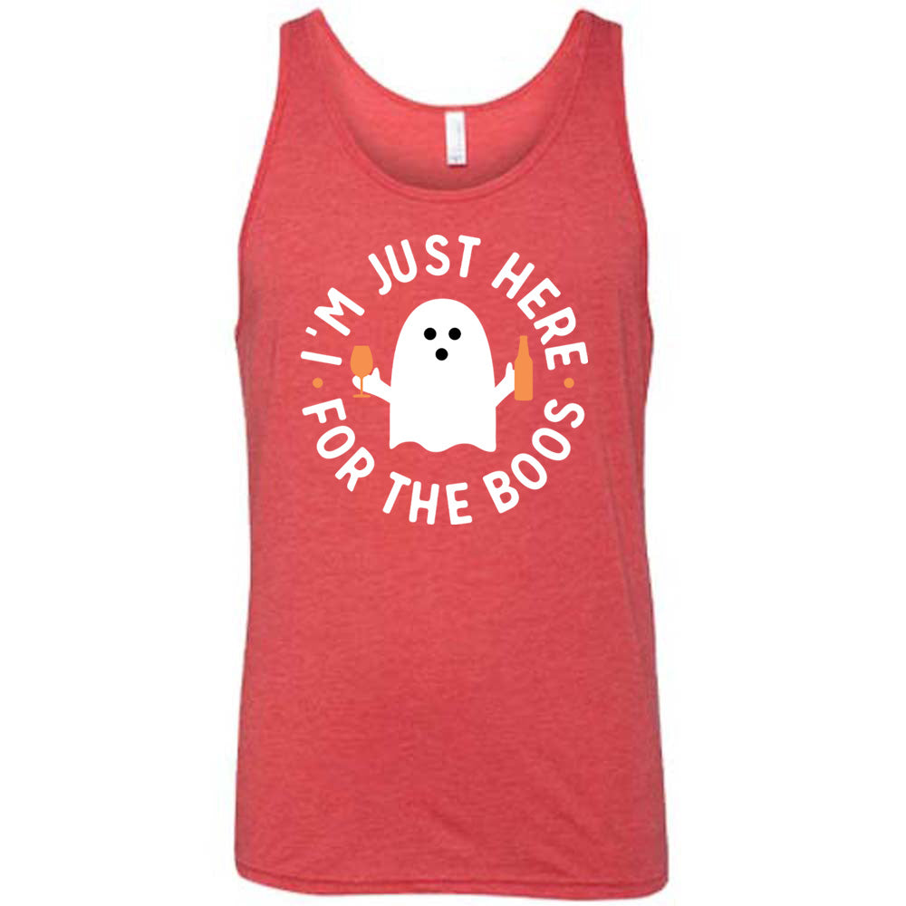 Red colored tank with ghost holding wine glass and bottle graphic on it that says "I'm Just Here For The Boos"