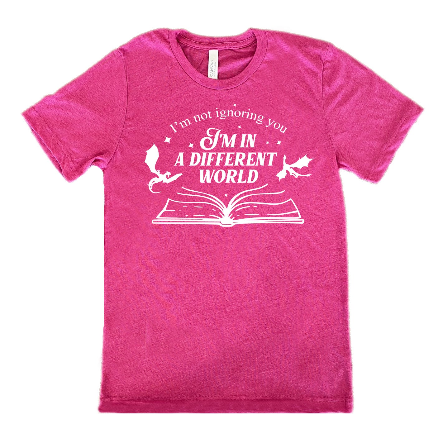 berry unisex tee with the words "I'm not ignoring you I'm in a different world" on it, with the graphic of a large book, lying open, and two little dragons flying next to the words, a few stars scattered around