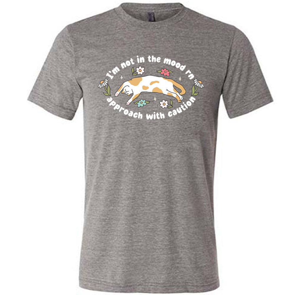 grey unisex tee with the words "I'm not in the mood rn approach with caution" on it in an oval, with the graphic of a cat splayed on its back within the words, and a few flowers around