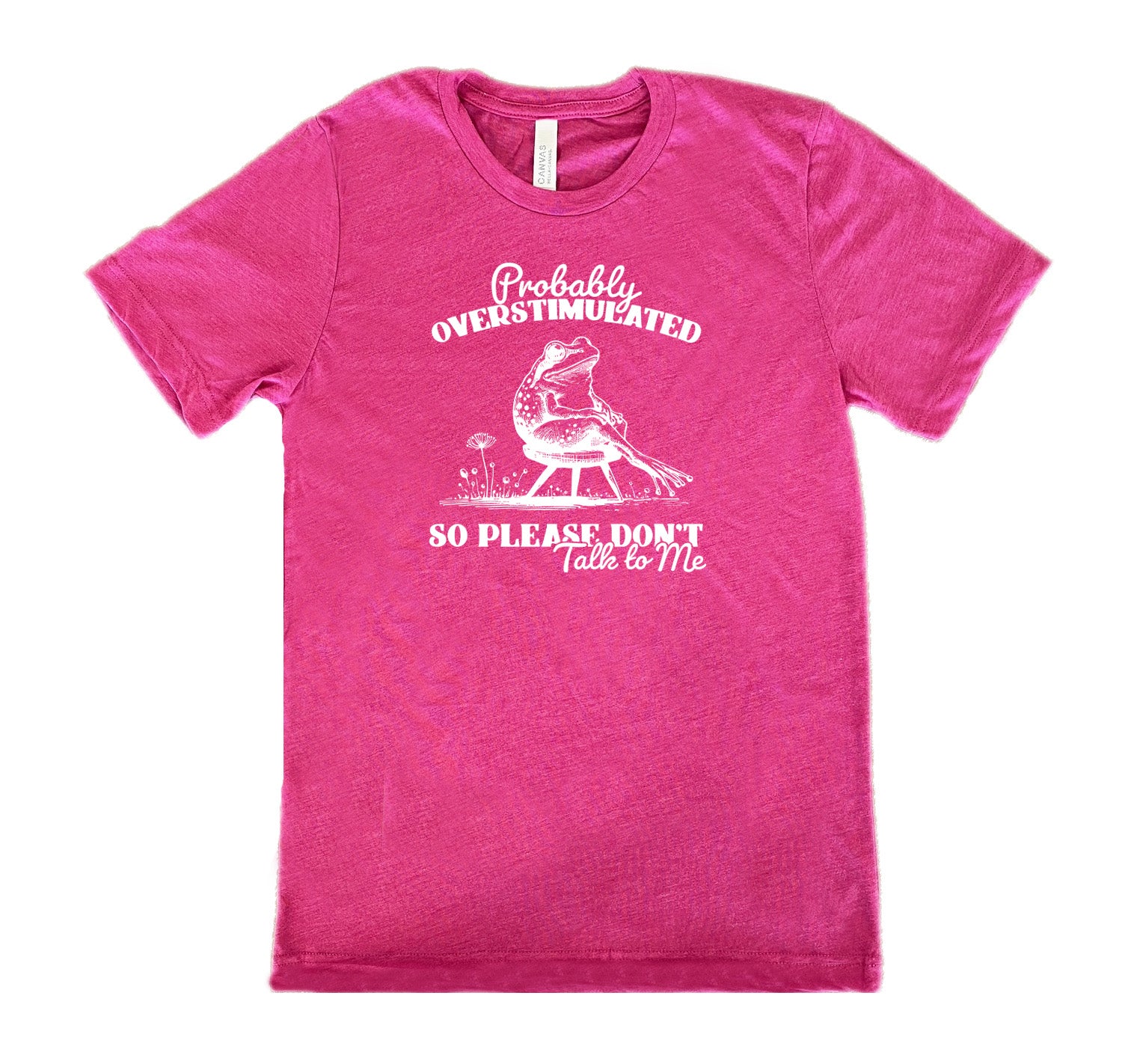 Berry colored shirt with a frog on a chair graphic on it that says "Probably Overstimulated So Please Don't Talk to Me"