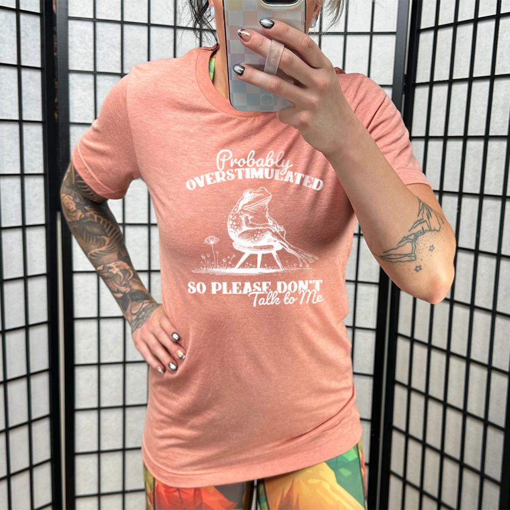 Sunset colored shirt with a frog on a chair graphic on it that says "Probably Overstimulated So Please Don't Talk to Me"