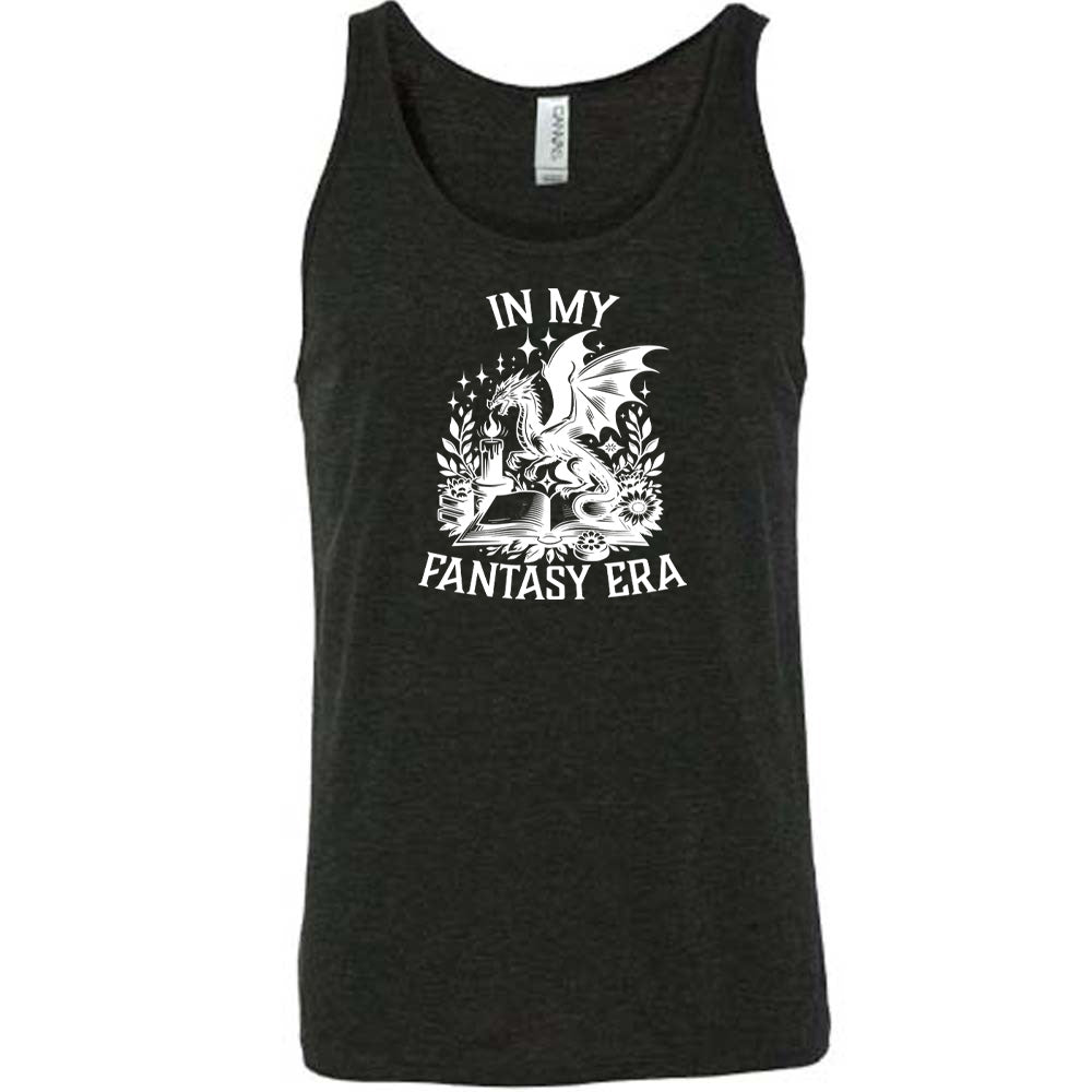 Black colored tank with a dragon lighting a candle over a book graphic on it that says "In My Fantasy Era"